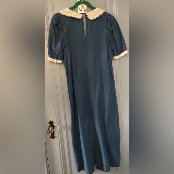 NWT M 100% Cotton Denim Porridge Anthropologie Midi Dress White Cotton Lace Trim - Picture 7 of 9